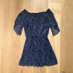 Elia Tahari Blue Paisley Boho Off the Shoulder Dress, Size XS
